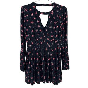 FREE PEOPLE Teagan Long Sleeve Keyhole Mini Dress - 6 -‎ black, red floral